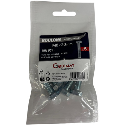 Boulon - tête hexagonale ø8 x L. 20 mm - vendu par 5