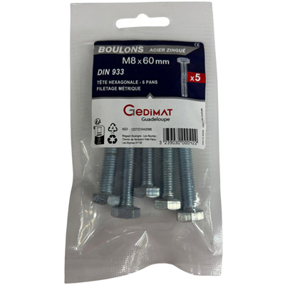 Boulon - tête hexagonale ø8 x L. 60 mm - vendu par 5