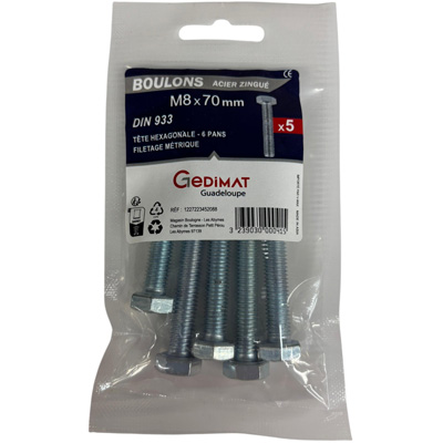 Boulon - tête hexagonale ø8 x L. 80 mm - vendu par 5