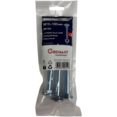 Boulon TRCC + écrou Inox A2 - tête ronde FP ø10 x L. 100 - vendu par 3
