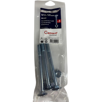 Boulon TRCC + écrou Inox A2 - tête ronde FP ø10 x L. 120 - vendu par 3