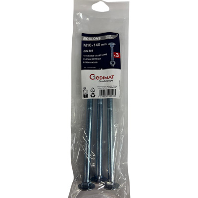 Boulon TRCC + écrou Inox A2 - tête ronde FP ø10 x L. 140 - vendu par 3