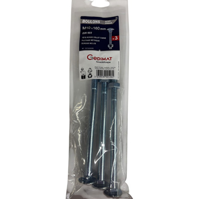 Boulon TRCC + écrou Inox A2 - tête ronde FP ø10 x L. 160 - vendu par 3