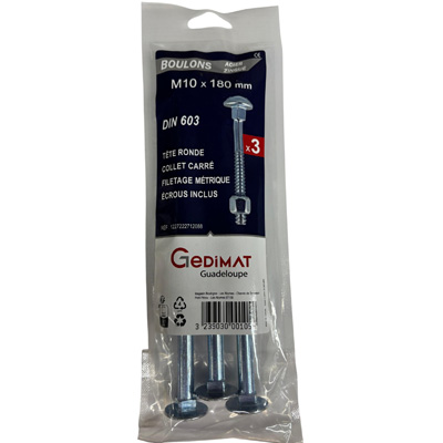 Boulon TRCC + écrou Inox A2 - tête ronde FP ø10 x L. 180 - vendu par 3