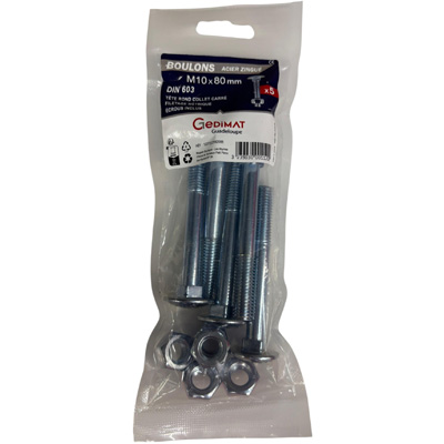 Boulon TRCC + écrou Inox A2 - tête ronde FP ø10 x L. 80 - vendu par 5