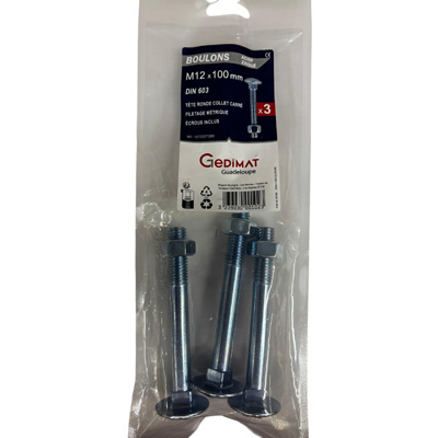 Boulon TRCC + écrou Inox A2 - tête ronde FP ø12 x L. 100 - vendu par 3