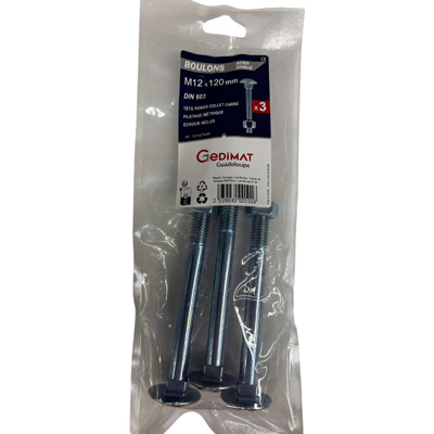 Boulon TRCC + écrou Inox A2 - tête ronde FP ø12 x L. 120 - vendu par 3