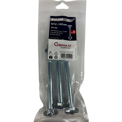 Boulon TRCC + écrou Inox A2 - tête ronde FP ø12 x L. 140 - vendu par 3