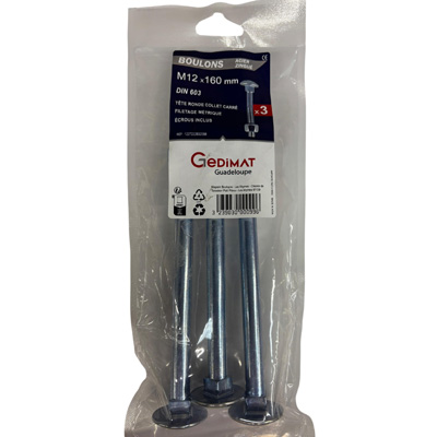Boulon TRCC + écrou Inox A2 - tête ronde FP ø12 x L. 160 - vendu par 3