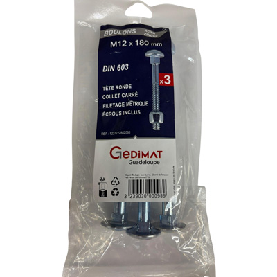 Boulon TRCC + écrou Inox A2 - tête ronde FP ø12 x L. 180 - vendu par 3