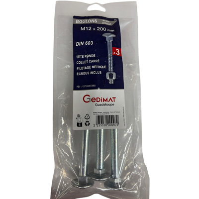 Boulon TRCC + écrou Inox A2 - tête ronde FP ø12 x L. 200 - vendu par 3