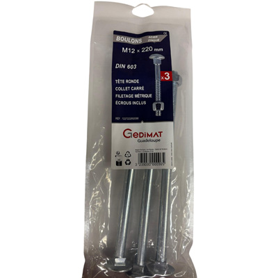 Boulon TRCC + écrou Inox A2 - tête ronde FP ø12 x L. 220 - vendu par 3