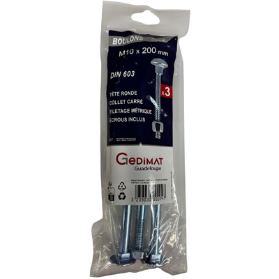Boulon TRCC + écrou Inox A2 - tête ronde FP ø10 x L. 200 - vendu par 3