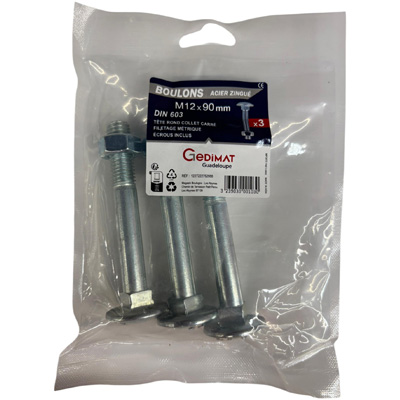 Boulon TRCC + écrou Inox A2 - tête ronde FP ø12 x L. 90 - vendu par 3