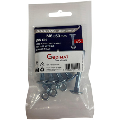 Boulon TRCC + écrou Inox A2 - tête ronde FP ø6 x L. 50 - vendu par 5