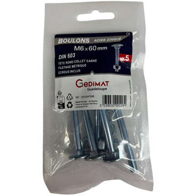 Boulon TRCC + écrou Inox A2 - tête ronde FP ø6 x L. 60 - vendu par 5
