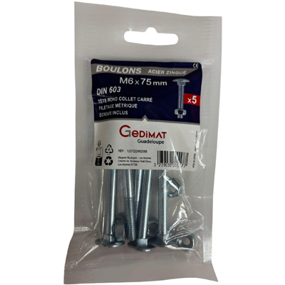 Boulon TRCC + écrou Inox A2 - tête ronde FP ø6 x L. 75 - vendu par 5