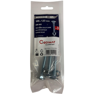 Boulon TRCC + écrou Inox A2 - tête ronde FP ø8 x L. 120 - vendu par 5