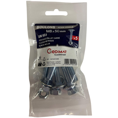 Boulon TRCC + écrou Inox A2 - tête ronde FP ø8 x L. 50 - vendu par 5