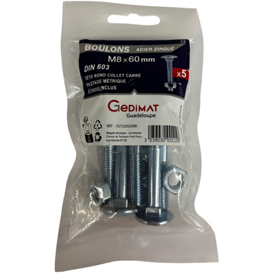 Boulon TRCC + écrou Inox A2 - tête ronde FP ø8 x L. 60 - vendu par 5