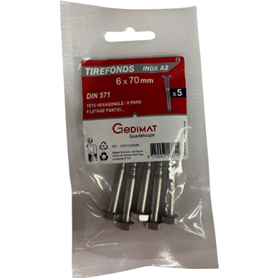 Tirefond inox A2 - tête hexagonale FP ø 6 x L. 70 mm - vendu par 5