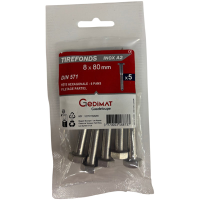 Tirefond inox A2 - tête hexagonale FP ø 8 x L. 80 mm - vendu par 5