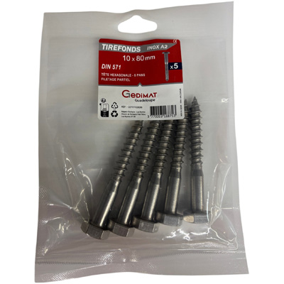 Tirefond inox A2 - tête hexagonale FP ø 10 x L. 80 mm - vendu par 5