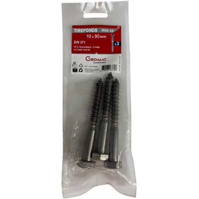 Tirefond inox A2 - tête hexagonale FP ø 10 x L. 90 mm - vendu par 3