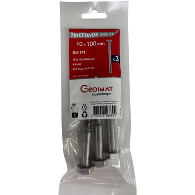 Tirefond inox A2 - tête hexagonale FP ø 10 x L. 100 mm - vendu par 3