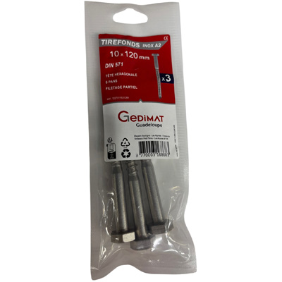 Tirefond inox A2 - tête hexagonale FP ø 10 x L. 120 mm - vendu par 3