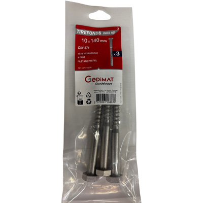 Tirefond inox A2 - tête hexagonale FP ø 10 x L. 140 mm - vendu par 3