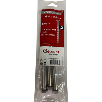 Tirefond inox A2 - tête hexagonale FP ø 10 x L. 160 mm - vendu par 3