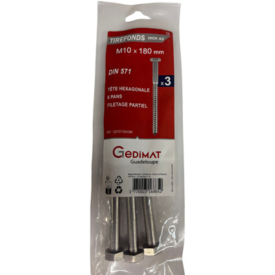 Tirefond inox A2 - tête hexagonale FP ø 10 x L. 180 mm - vendu par 3