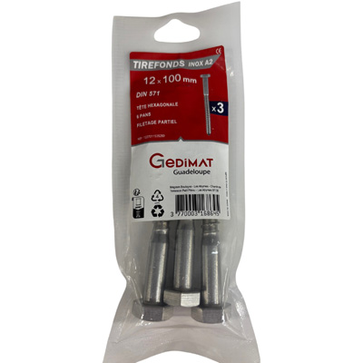 Tirefond inox A2 - tête hexagonale FP ø 12 x L. 100 mm - vendu par 3