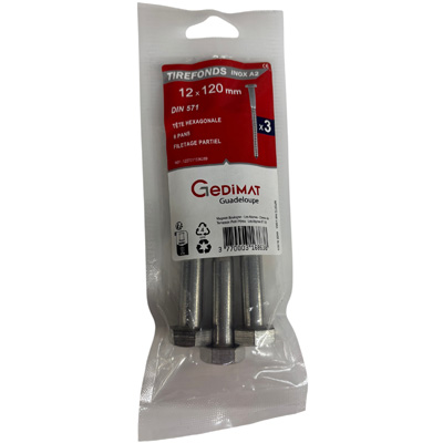 Tirefond inox A2 - tête hexagonale FP ø 12 x L. 120 mm - vendu par 3