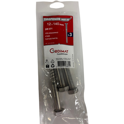 Tirefond inox A2 - tête hexagonale FP ø 12 x L. 140 mm - vendu par 3