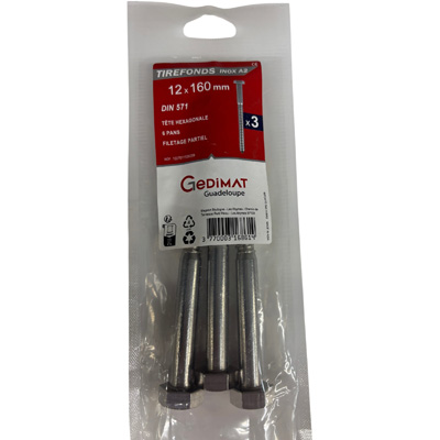 Tirefond inox A2 - tête hexagonale FP ø 12 x L. 160 mm - vendu par 3