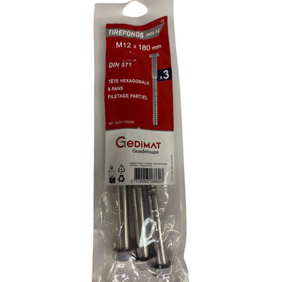 Tirefond inox A2 - tête hexagonale FP ø 12 x L. 180 mm - vendu par 3