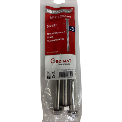 Tirefond inox A2 - tête hexagonale FP ø 12 x L. 200 mm - vendu par 3