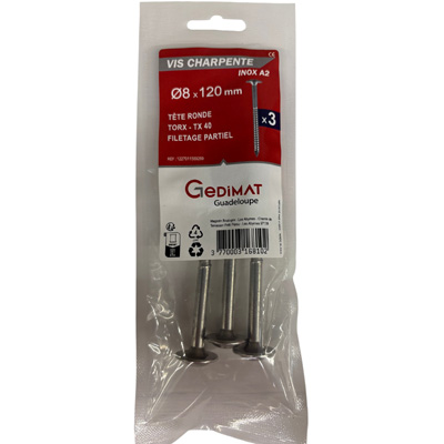 Vis bois et agglo inox A2 - empreinte Torx® - tête fraisée ø 8 x L. 120 mm - vendu par 3