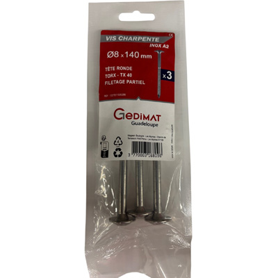 Vis bois et agglo inox A2 - empreinte Torx® - tête fraisée ø 8 x L. 140 mm - vendu par 3
