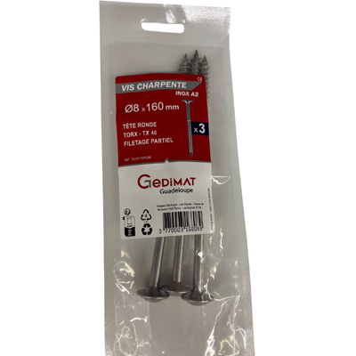    Vis   bois et agglo inox A2 - empreinte Torx® - tête fraisée ø 8 x L. 160 mm -   vendu par 3 