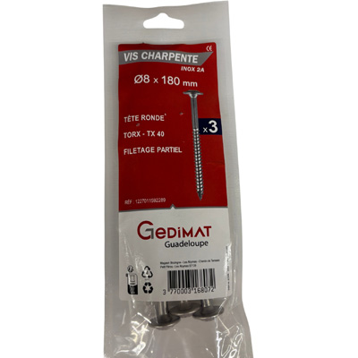 Vis bois et agglo inox A2 - empreinte Torx® - tête fraisée ø 8 x L. 180 mm - vendu par 3
