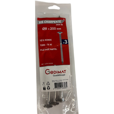 Vis bois et agglo inox A2 - empreinte Torx® - tête fraisée ø 8 x L. 200 mm - vendu par 3