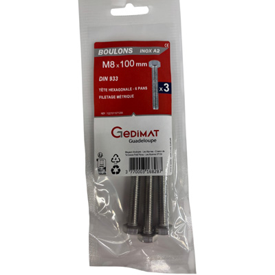 Boulon inox A2 - tête hexagonale ø 8 x L. 100 mm - vendu par 3