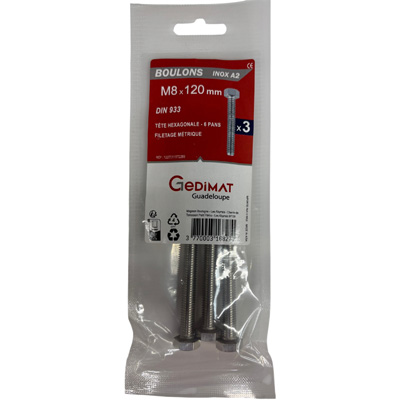 Boulon inox A2 - tête hexagonale ø 8 x L. 120 mm - vendu par 3