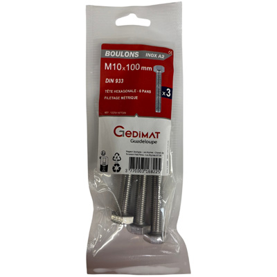 Boulon inox A2 - tête hexagonale ø 10 x L. 100 mm - vendu par 3