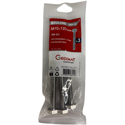 Boulon inox A2 - tête hexagonale ø 10 x L. 120 mm - vendu par 3