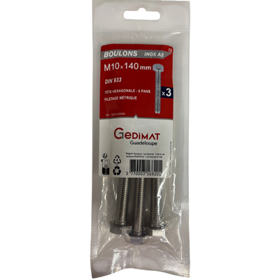 Boulon inox A2 - tête hexagonale ø 10 x L. 140 mm - vendu par 3