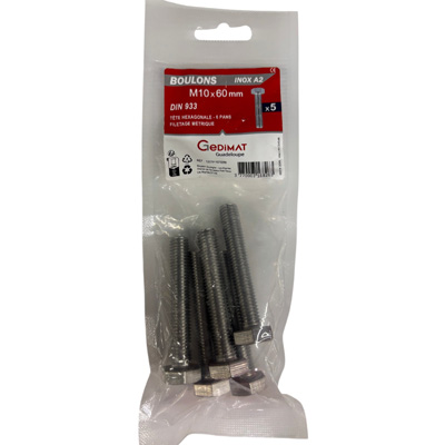 Boulon inox A2 - tête hexagonale ø 10 x L. 60 mm - vendu par 5